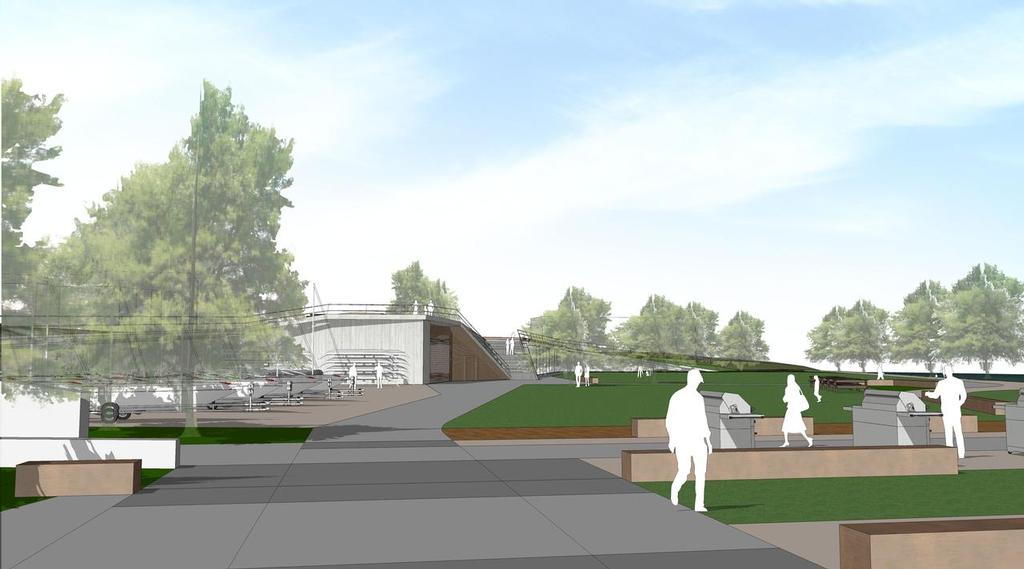 Perspective of the proposed National Sailing Centre looking from the access road at Takapuna Beach © SW